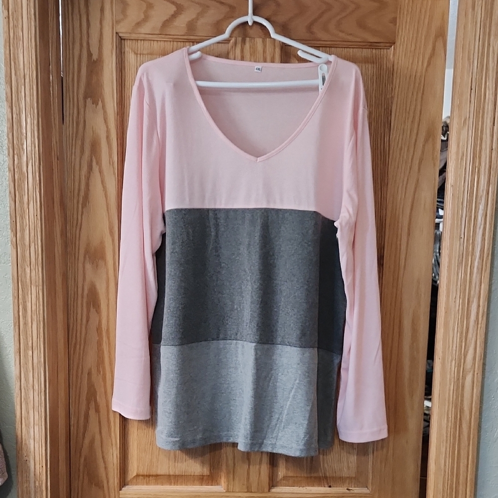 Pink and Gray Colorblock V-Neck Women's Top
